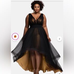 Xpluswear Design Black V Neck Asymmetric Hem Fold Tulle Midi Dresses